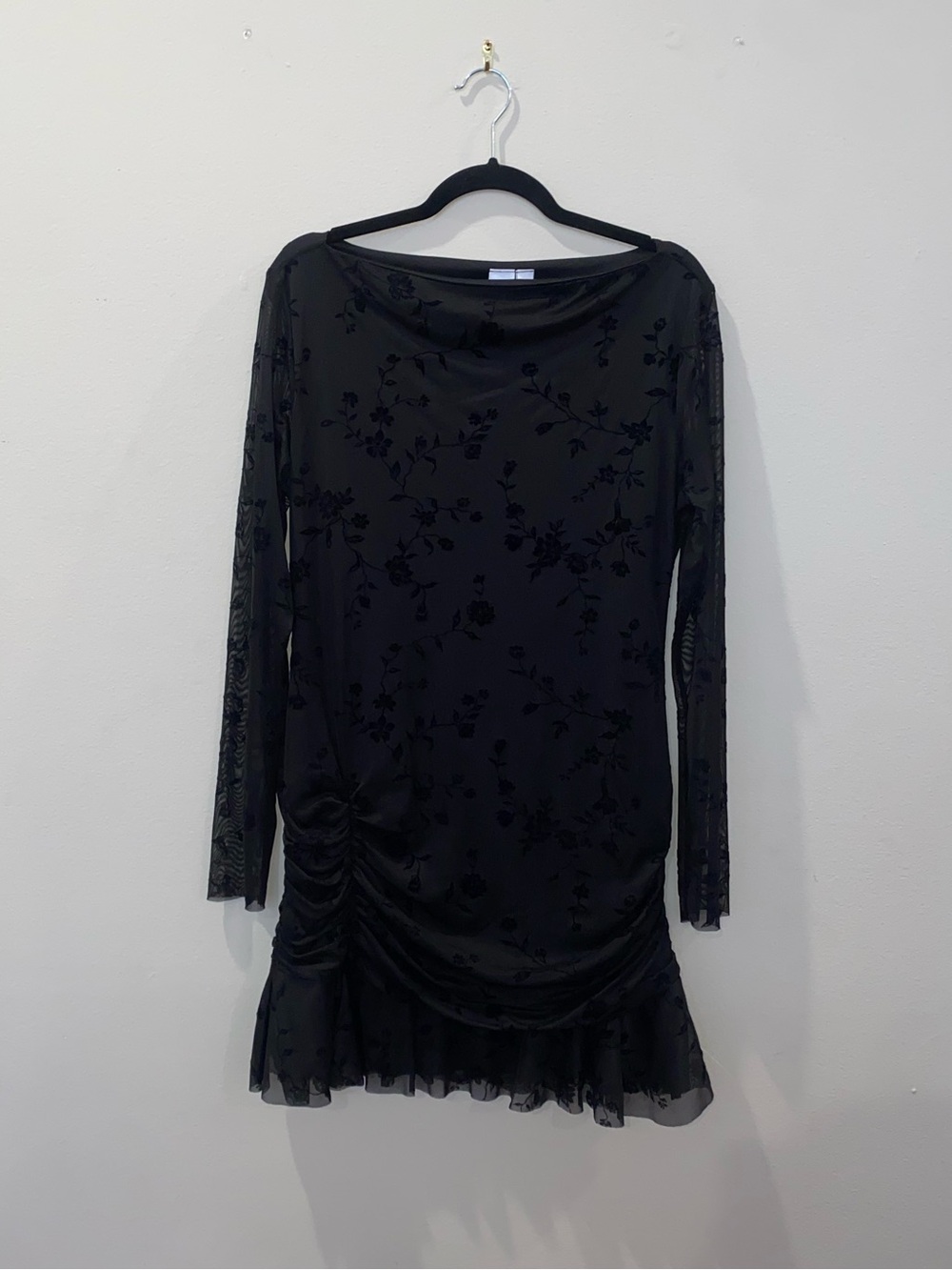 Collusion Black Floral Mesh Long-Sleeve Drop-Waist Mini Dress with Ruffle Hem